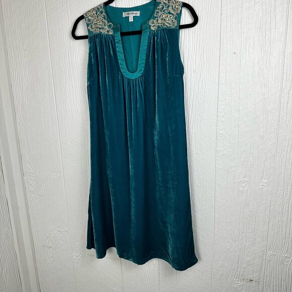 Beth Bowley Velvet Silk Embroidered Embellished Teal Silk Lined Mini Dress Sz 4 - Picture 2 of 7